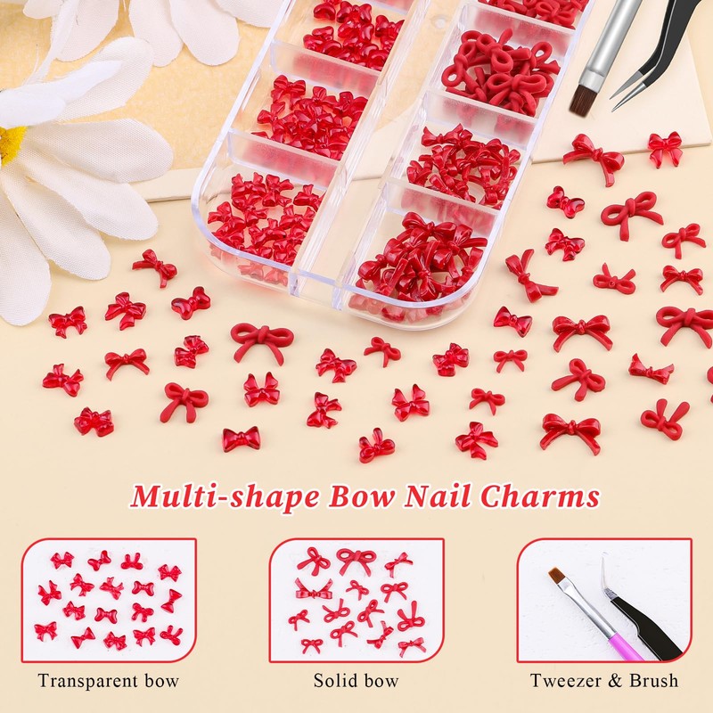 1 Box Red Mini Bow Nail Charms,3D Resin Bows Charms