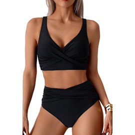 VILOREE Women's Mesh Bikini Set High Waist Two Piece Swimwear Wrap Look V Neck Tummy Control, Black (133), XL