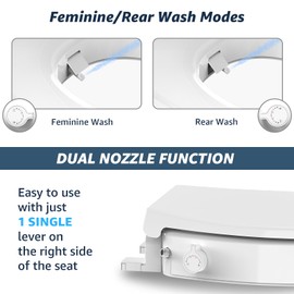 Raised Bidet Toilet Seat Elongated 18.5" – Soft Close, Dual Self-Cleaning Nozzles, Quick Release & Connect, Sturdy PP, Won't Loosen, Ideal for Seniors, Elderly & Limited Mobility, White