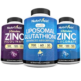 Nutrivein Nutrivein Premium Zinc Picolinate, Zinc Gluconate, & Liposomal Glutathione Supplement Bundle: Glutathione Liposomal Supplement & Zinc Supplements for Men & Women - Immunity, Digestion, Detox, & Repair