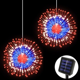 4th of July Decorations Outdoor Solar Lights, 2 PCS 180 LED Fourth of July Red White Blue Patriotic Firework Lights, Solar Outdoor Lights with 8 Modes for Independence Day Memorial Day July 4th Decor
