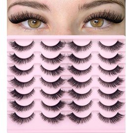 Cat Eye Lashes Wispy False Eyelashes Natural Look Strip Fake Eyelashes 14 Pairs Fluffy Volume Faux Mink Lashes that Look Like Extensions Short Lashes
