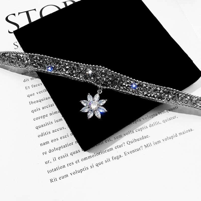 Deelfel Women's Choker Necklace, Octagonal Star Pendant, Crystal, Black, Glitter,