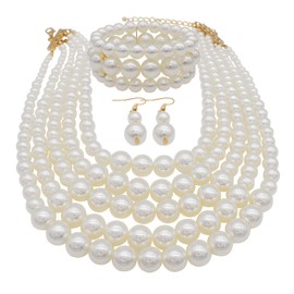 Juego de collar de perlas grandes de imitación para mujer, collar de perlas de cinco hebras múltiples, conjunto de aretes de perlas grandes, collar de babero de la década de 1920, Ajustable, Zinc,