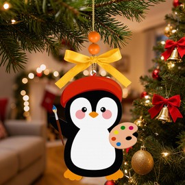 4in Penguin Artist Easter Tree Ornaments Paint Palette Wooden Ornament for Tree Easter Tree Decorations for Holiday Birthday Party Home Hanging Decorations Gift Souvenir Accessories