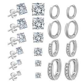 10 Pairs Silver Earrings for Women Trendy Surgical Steel Stud Earrings and Huggie Hoop Earrings Hypoallergenic Earrings Set Square Stud