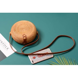 Handwoven Round Rattan Bag Shoulder Leather Straps Natural Chic Hand