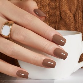 Modelones 32 piezas de uñas postizas de color marrón otoñal, uñas postizas cuadradas cortas mejoradas, kit de uñas reutilizable con pestañas adhesivas