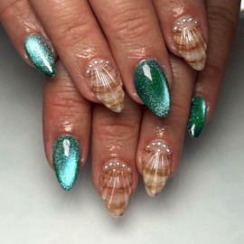 24Pcs Orange Shell Press on Nails Medium Almond Fake Nails with Dark Green Glitter Design Silver Pearl False Nails Glossy Full Cover Artificial Glue on Nails Summer Stick on Nails for Women Manicure