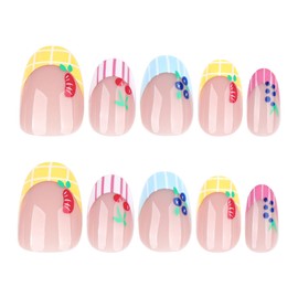 Short Press on French Tip Nails Almond Shape Cute Summer Fake Nails with Fruit Designs Short Oval Nail Press ons Almond False Nail Glossy Full Cover Acrylic Fall Stick Glue on Nail for Women Girls