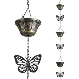 8.5FT Rain Chains for Gutters Downspouts, Butterfly and Cup Rain Gutter Chain, Functional and Decorative Replacement Rainchains for Downspout, Metal Rain Catcher Chimes for Outside, Vintage Copper