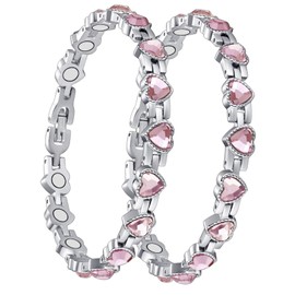 Copper Brecelet for Women, 99.99% Solid Pure Megneetic Bangle Arthritis, Effective Neodymium Lympunclog, Titanium Steel Wirstbband, Natural Unique Gemstone, Adjustable, 2 PCS, Pink Crystal