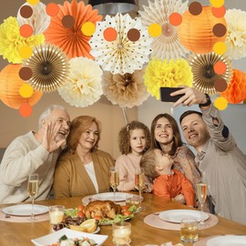 Orange Beige Brown Fall Party Decorations Autumn Birthday Decoration Orange Yellow Beige Paper Fans Paper Pom Poms Lanterns for Harvest Birthday Fall Bridal Shower Baby Shower Thanksgiving Party Decor