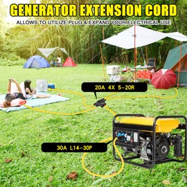 Kanayu 10FT 30 to 20 Amp 110V Generator Distribution Adapter Compatible with NEMA L14-30P to NEMA 4X 5-20R/ 5-15R, 4 Prong Generator Locking to Four Household Outlet with 20 Amp Circuit Breaker