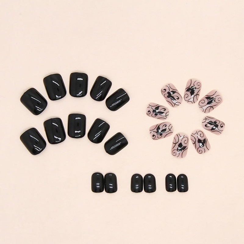 Clataly 24Pcs Black Vine False Nails Dark Butterfly Design Fake