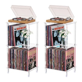 Bkemiy Acrylic Record Player Stand Set of 2, 3-Tier Clear Turntable Table with Vinyl Record Storage, 15.75" L x 11.81" W x 30.7" H, Tall Modern Side Table/End Table for Living Room, Bedroom