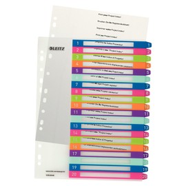 Leitz 1-20 Index, A4, PC Printable, Heavy Duty Plastic, Extra Wide, White/Multi-Coloured, WOW Range, 12450000