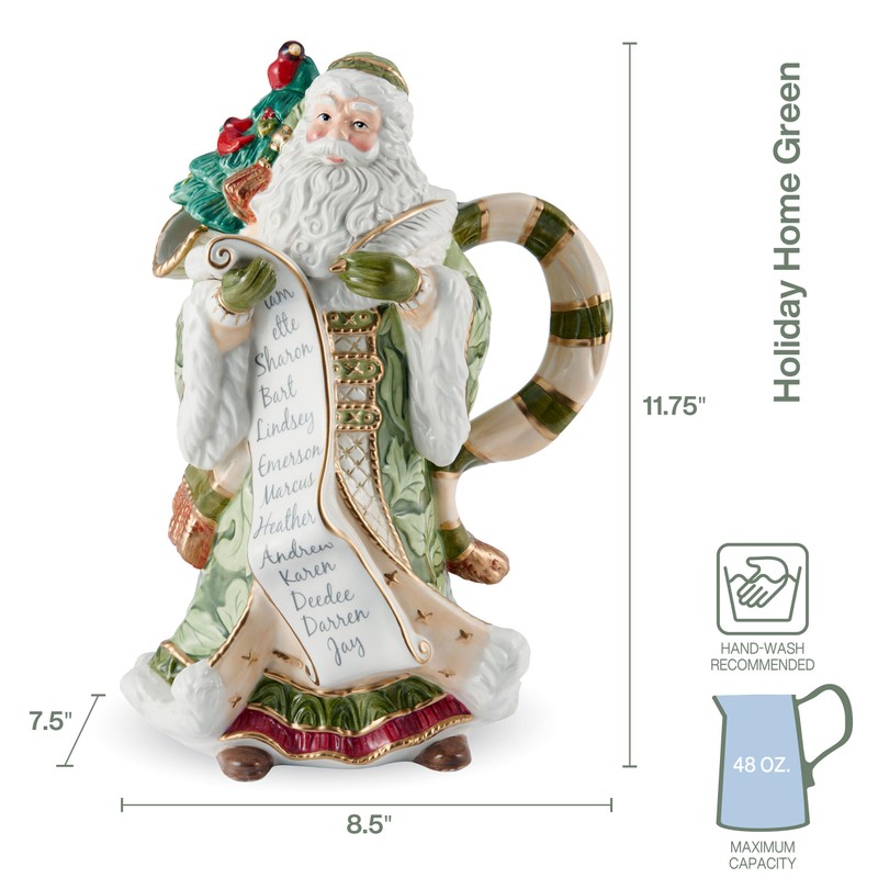 Fitz and Floyd Holiday Home Green Santa Pitcher, 48 Ounce