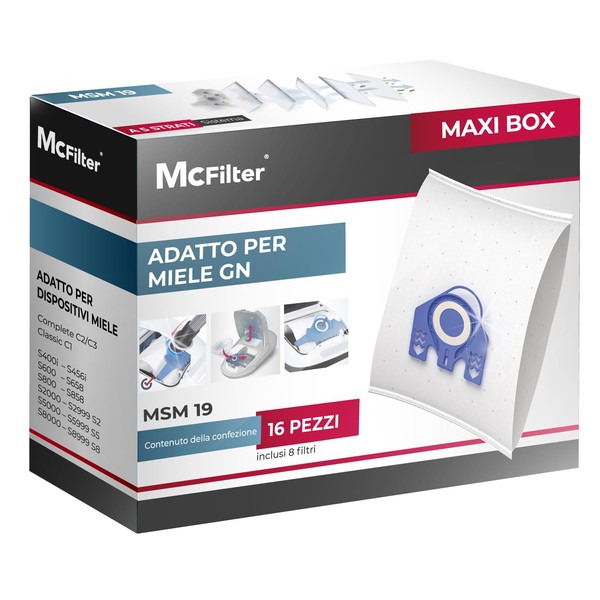 McFilter | 16 Dust Bags Suitable for Miele GN S2 S4 S5 S6 S8, Complete C2/C3, Classic C1 Series | Dust Bag with 8 Filters | MAXI BOX