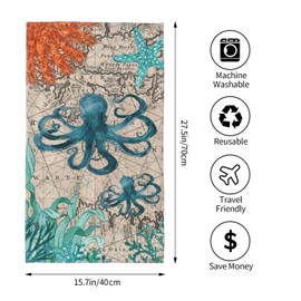 Ikfoela Nautical Octopus Hand Towels for Bathroom Set of 2, 14x28 Inch Kitchen Towels Decor, Absorbent Soft