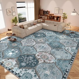 IKALIFE Vintage Washable Rug 4x6 - Machine Washable Floral Area Rugs with Non Slip Backing for Living Room Bedroom Dining Room Stain Resistant, Home Office Decor, Soft Low-Pile Carpet, Blue