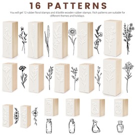 Realand 16pcs Wood Rubber Stamps for Crafting, Rectangular Wooden Stamp Set Plant Bottle Flower Stamps for Card Making Scrapbooking Crafts