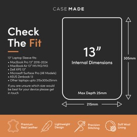 Casemade Real Leather Laptop Sleeve for MacBook Pro & Air Fits 13, 14, 15 & 16 Inch - Genuine Full Grain Leather with Soft Wool Lining (Black, 13-inch-Pro 2016-2023, Air M1/M2/M3)