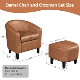 Topeakmart Accent Chair with Ottoman, Mid Century Modern Barrel Faux Leather Chair with Footrest Comfy Armchair and Ottoman Set, Upholstered Club Tub Chair for Living Room Bedroom Reading Room, Brown