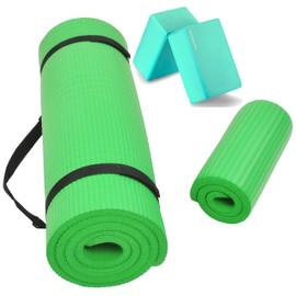 Signature Fitness All Purpose 1/2-Inch Extra Thick High Density Anti-Tear Exercise Yoga Mat and Knee Pad with Carrying Strap and Yoga Blocks, Green