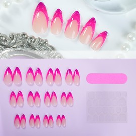 24 Pcs Medium Press on Nails Almond Shape Fake Nails 3D Water Ripple RIICFDD French False Nails Artificial Glossy Full Cover Rose Red Glue on Nails for Women and Girls Acrylic Nails