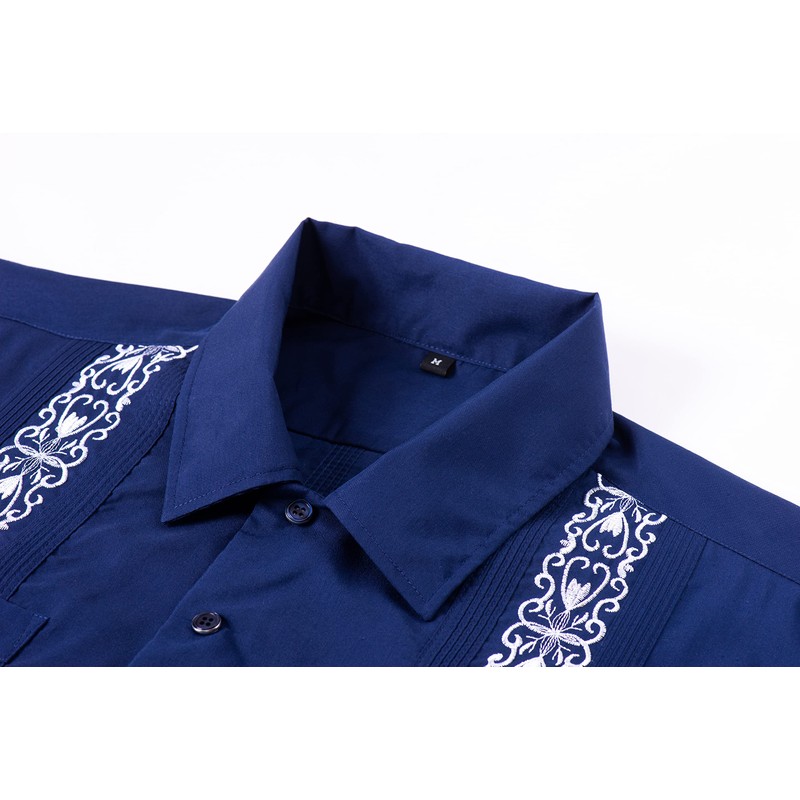 Men's Guayabera Shirts Short Sleeve Casual Snap Shirts(Navy 2XL)