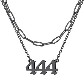 FindChic Black Layered Necklaces for Women Angel Number 444 Paperclip Chain Choker Necklaces 16inch Boho Jewelry