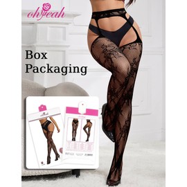 ohyeah Suspender Pantyhose for Women Floral Lace Fishnet Tights Thigh High Stockings with Garter Black Fishnet Leggings