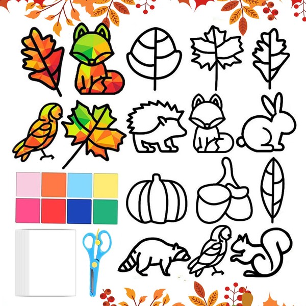 12 Stück Herbst Basteln Kinder, DIY Bastelset Blätter Deko, Fensterbilder