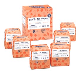 Pura Size 6 Eco-Friendly Diapers (29+ lbs) Totally Chlorine Free (TCF),Hypoallergenic, Soft Organic Cotton, Sustainable, up to 12 Hours Leak Protection, Allergy UK, 6 Packs of 18 (108 Diapers)