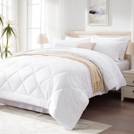 Love's cabin Queen Comforter Set White, 7 Pieces Queen Bed in a Bag, All Season Queen Bedding Sets with 1 Comforter, 1 Flat Sheet, 1 Fitted Sheet, 2 Pillowcase and 2 Pillow Sham