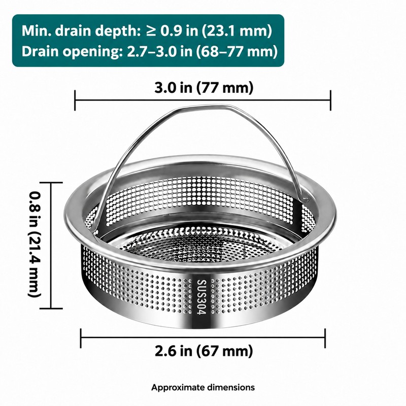 304 Stainless Steel Sink Strainer Basket with Handle – 0.8",