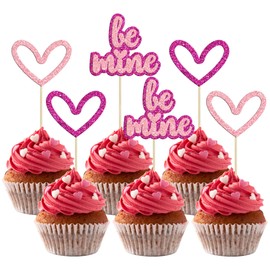 Gyufise 24Pcs Heart Cupcake Toppers Pink Glitter Be Mine Valentine's Day Cupcake Pick Decorations for Valentine's Day Birthday Wedding Anniversary Party Supplies