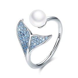 FOREVER QUEEN Mermaid Tail Ring, S925 Sterling Silver Dolphin Tail Adjustable Finger Ring for Women Open Ring with Blue Cubic Zirconia& Shell Pearl Valentine's Day Gift