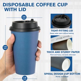 LITOPAK 100 Pack 16 oz Disposable Paper Coffee Cups with Lids for Coffee, Water, Juice, or Tea, Blue and Gray Hot Paper Cups for Home, Restaurant, Store, and Cafe