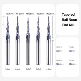SpeTool 5Pcs Tapered Ball Nose End Mill 0.25mm Radius 3.175mm Shank Solid Carbide CNC Router Bit Set 2-Flute TiAlN Coated Spiral Milling Cutter for Woodworing Carving Engraving