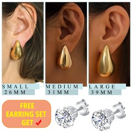 Chunky Gold Hoop Earrings for Women Lightweight Teardrop Dupes Waterdrop Earring 925 Sterling Silver Post Small Drop 26mm