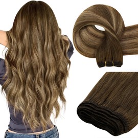 Easyouth Sew in Hair Extensions Human Hair Balayage Natural Human Hair Weft Extensions Dark Brown Fading to Caramel Blonde Mix Brown Balayage Long-Lasting Sew in Extensions non Damage 20In 100G