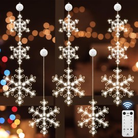 Glooglitter 5 Pcs Christmas Snowflake Window Light Decoratios Battery Operated White Snowflake LED Sucker String Lamp with Remote Control Timer Hanging Winter String Light for Party(Snowflake)