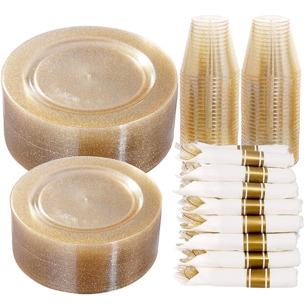DaYammi 350 Pieces Gold Glitter Dinnerware Set 50 Guest for party- 50 Dinner Plates, 50 Dessert Plates -50 Per Rolled Napkins with Gold Cutlery - 50 Disposable Cups 9 OZ