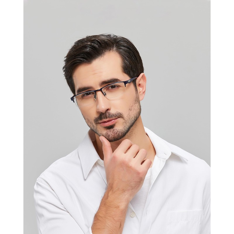 ANRRI Blue Light Glasses Men Half Round Rectangle Metal Frame