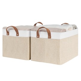 StorageWorks Storage Bins, Shelves Baskets for Organizing, Large Fabric Closet Organizers with Handles, Metal Frame, Brown and White, 2-Pack