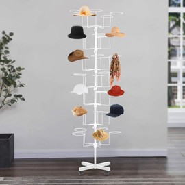 Freestanding Rotating Hat Display Rack: 7-Tiers, 35 Hooks, with Wheels, Black Metal Floor Stand for Hats, Wigs, and Caps - Ideal for Retail Stores and Organizing Headwear. (White)