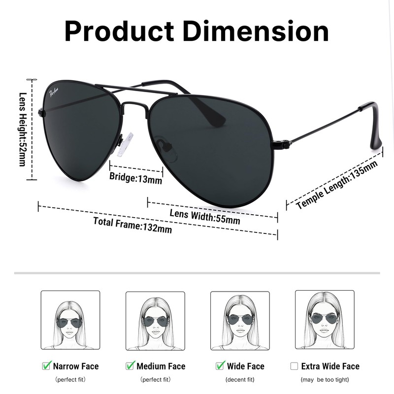 Pro Acme 55MM Small Aviator Sunglasses Glass Lens Classic Metal