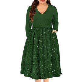 RITERA Plus Size Dresses for Curvy Women Glitter Green Long Sleeve V Neck Dress Elastic Waist Patchwork Fall Winter Flowy Casual Dress 3XL 22W 24W